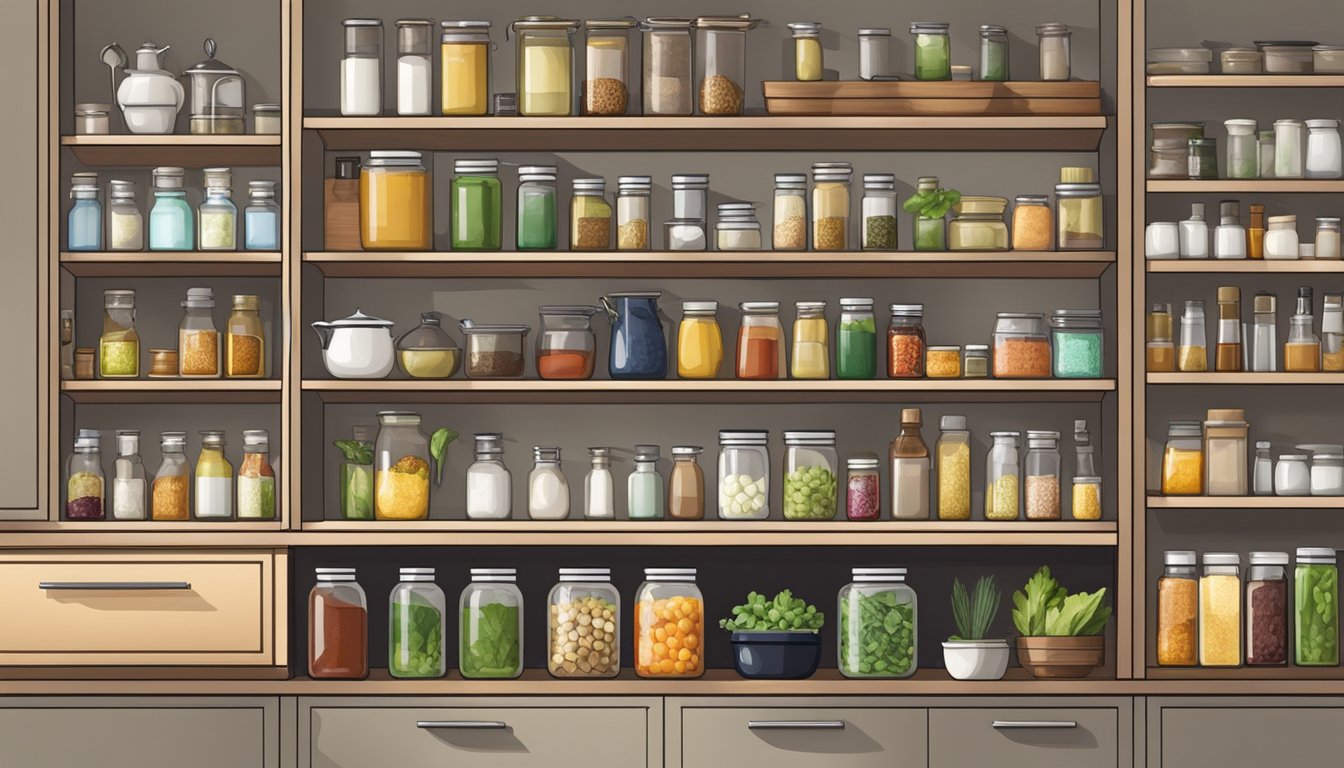 A neatly arranged kitchen with shelves filled with jars of various oils and liquids, alongside neatly organized cooking utensils and fresh produce