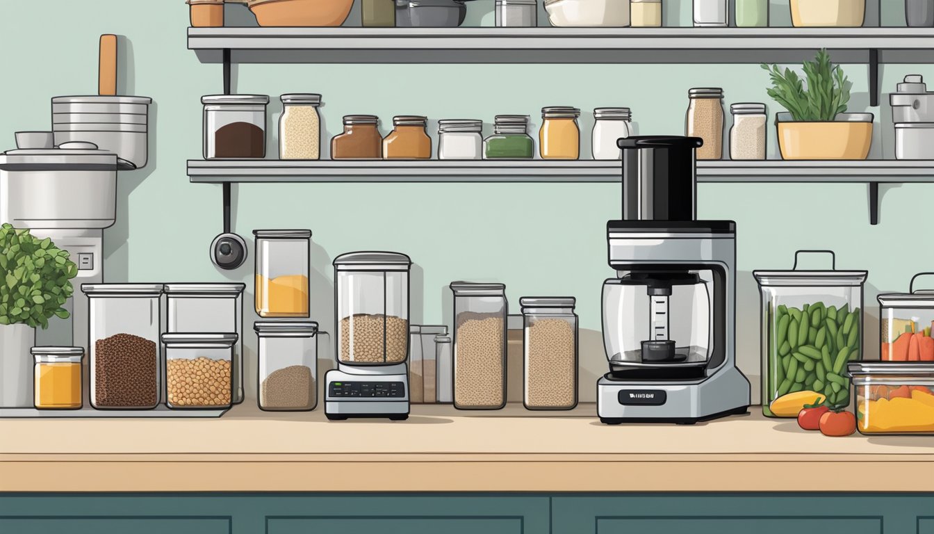 A neatly organized kitchen with shelves stocked with jars of grains, cans of beans, and fresh produce. A cookbook and cutting board sit on the counter next to a blender and food processor