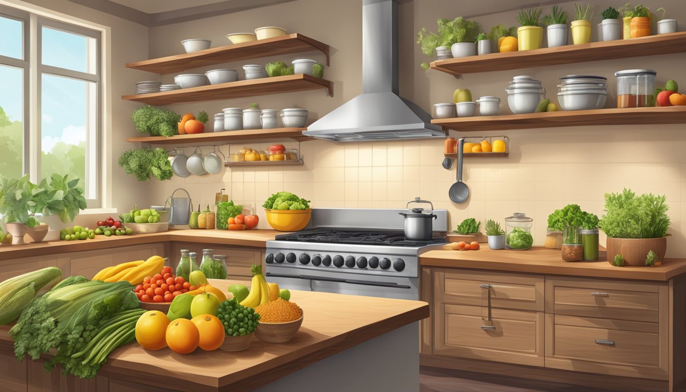 A brightly lit kitchen with an array of fresh fruits, vegetables, whole grains, olive oil, and herbs neatly organized on wooden shelves and countertops