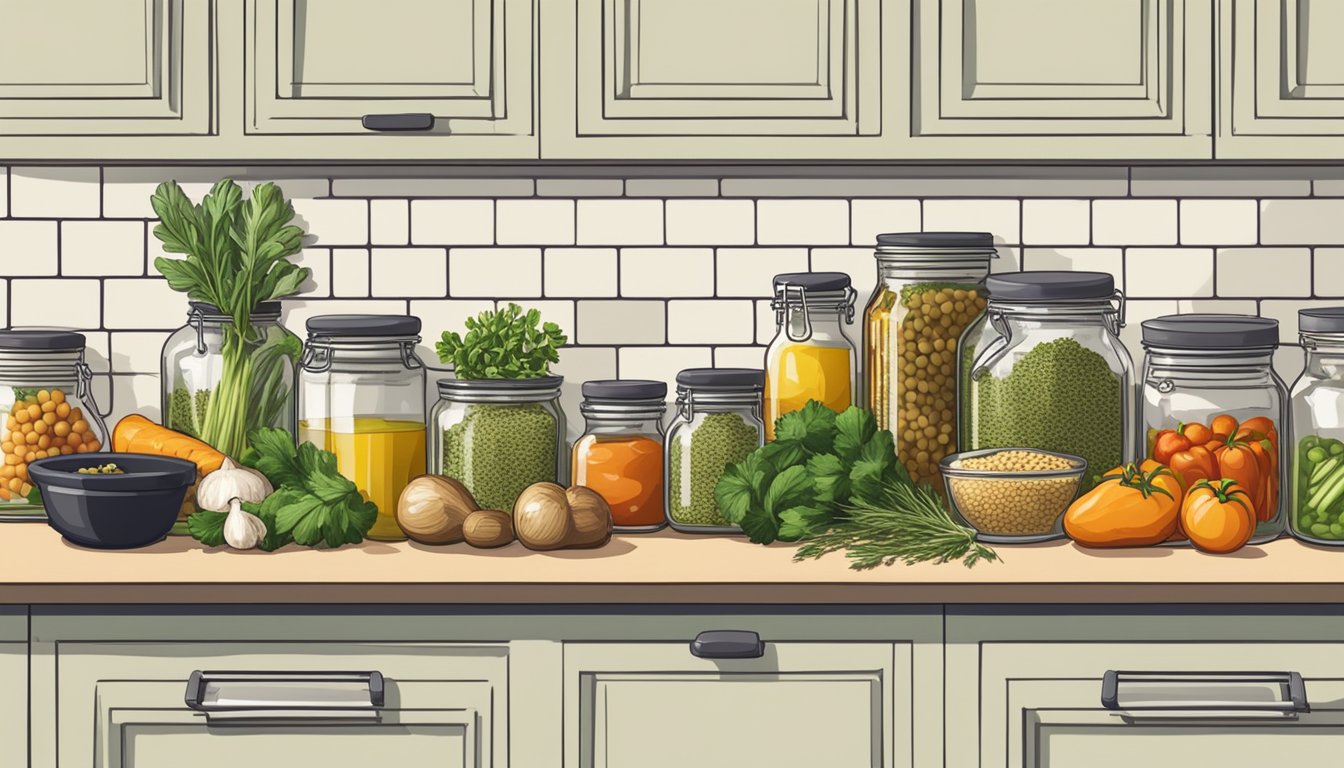 A kitchen counter with fresh vegetables, olive oil, herbs, and grains neatly organized in jars and baskets for a Mediterranean meal plan