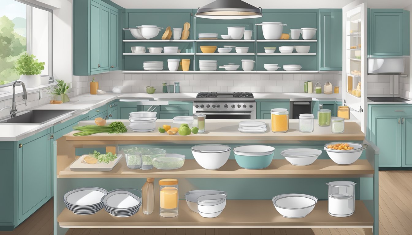 A well-organized kitchen with separate prep areas for allergen-free dishes, labeled ingredients, and clear counter space for plating