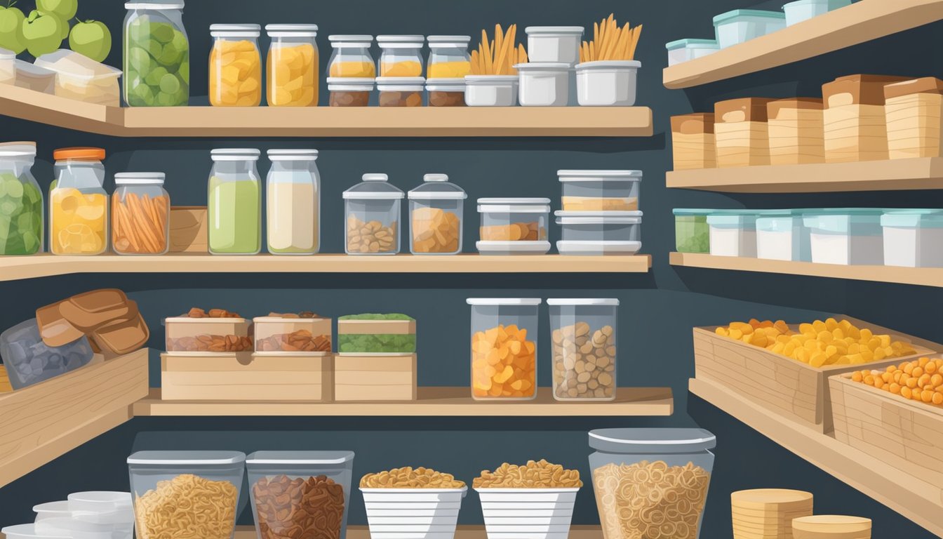 A well-organized pantry with labeled storage containers for various snacks. Shelves neatly arranged with clear bins and baskets for easy access