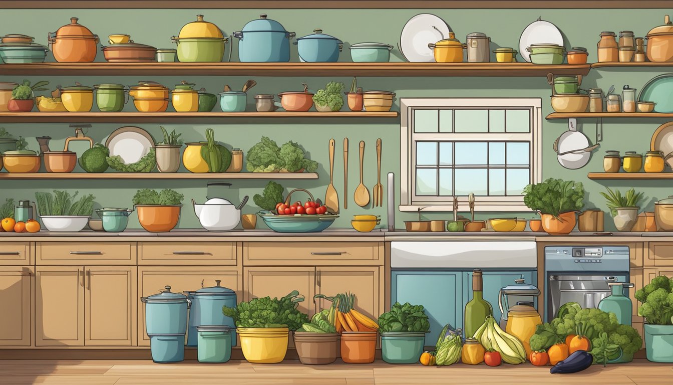 A well-organized kitchen with an abundance of fresh fruits, vegetables, whole grains, olive oil, and herbs neatly displayed in baskets and containers. A colorful array of Mediterranean-inspired cookware and utensils hang neatly on the walls