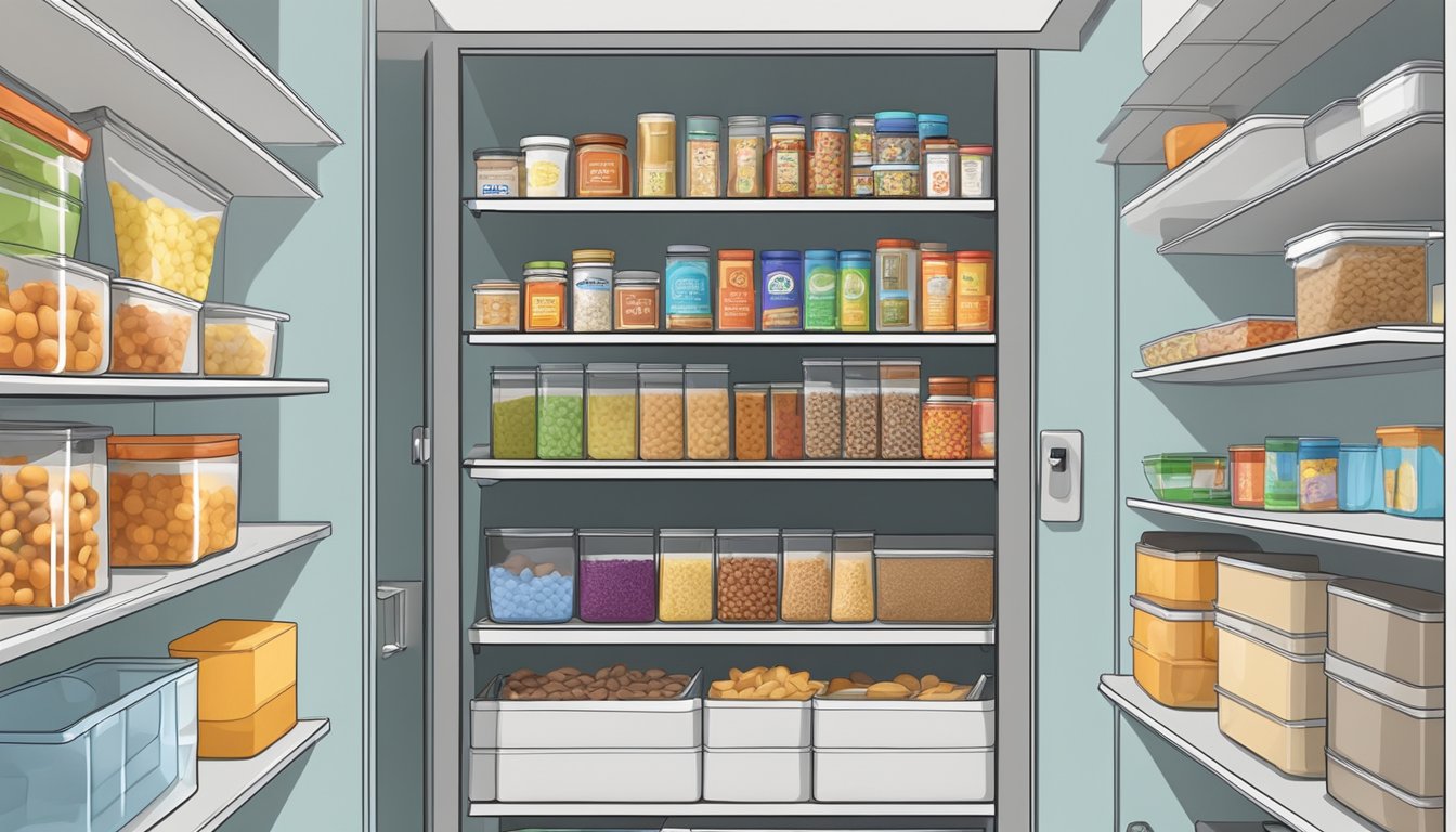 A tall pantry shelf neatly organized with various snacks and storage containers, maximizing vertical space