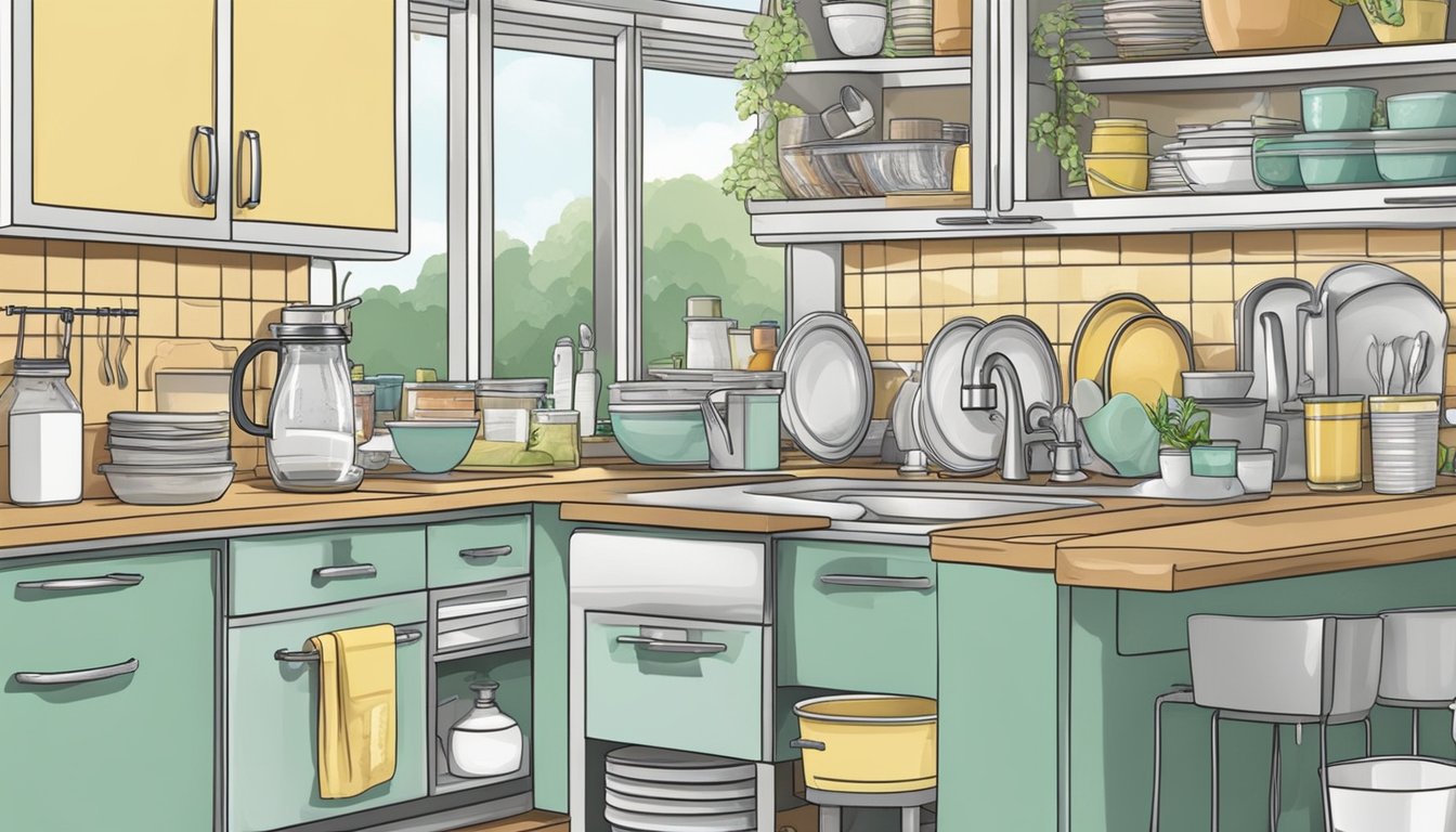 The kitchen counter is cleared of all food items, with labeled containers for allergen-free ingredients neatly arranged. The dishwasher is loaded with dirty dishes, and the sink is filled with soapy water for hand-washing delicate items