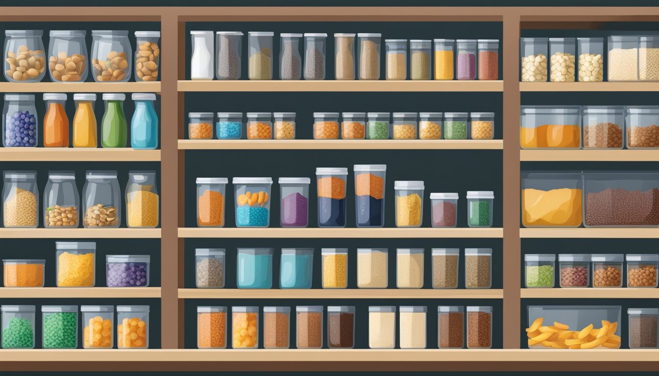 A well-organized pantry with labeled containers for snacks and dry goods, neatly arranged on shelves with adjustable storage solutions