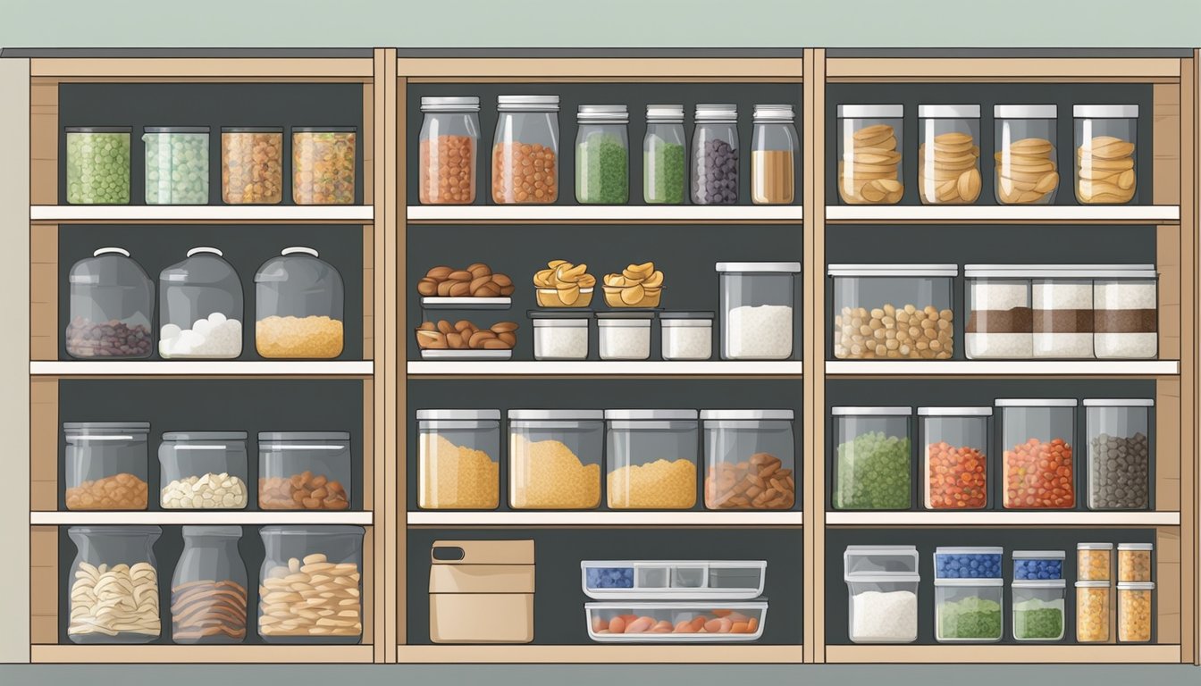 A neatly organized pantry with labeled containers and baskets for various snacks. Shelves are neatly arranged with clear bins and jars for easy access