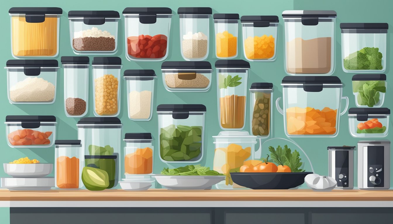 A well-organized kitchen with keto-friendly ingredients neatly arranged in labeled containers and a variety of kitchen tools for meal preparation