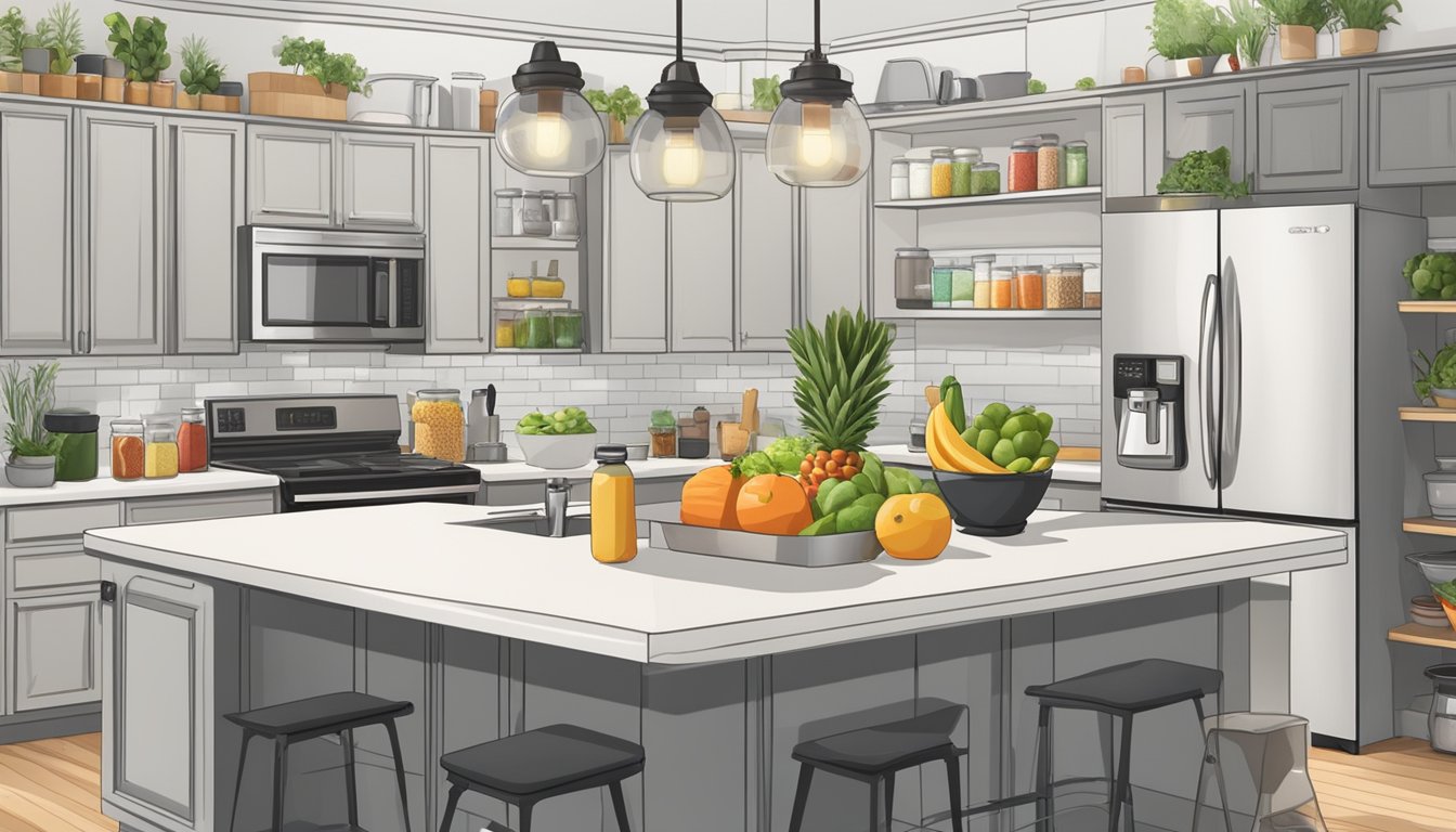 A clean, spacious kitchen counter with neatly arranged jars of fruits, vegetables, and protein powders. Cutting boards, knives, and a blender are ready for use