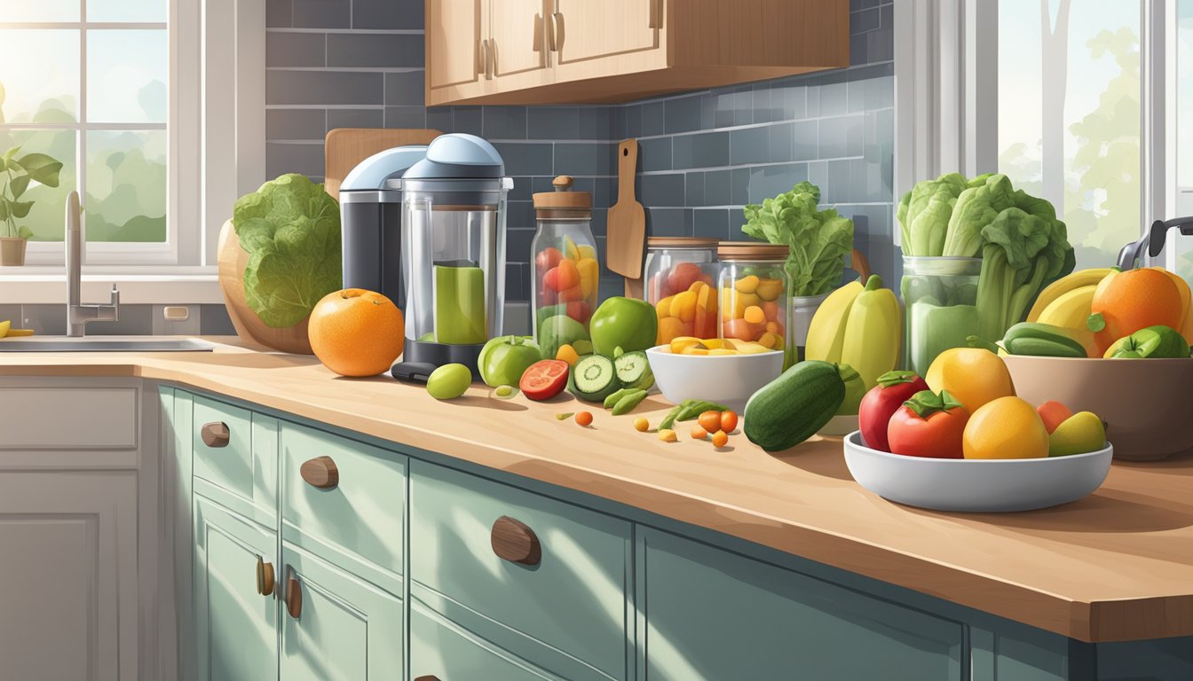 A clean, well-lit kitchen counter with neatly arranged cutting boards, knives, and a variety of fresh fruits and vegetables. A blender and jars for storage are also visible