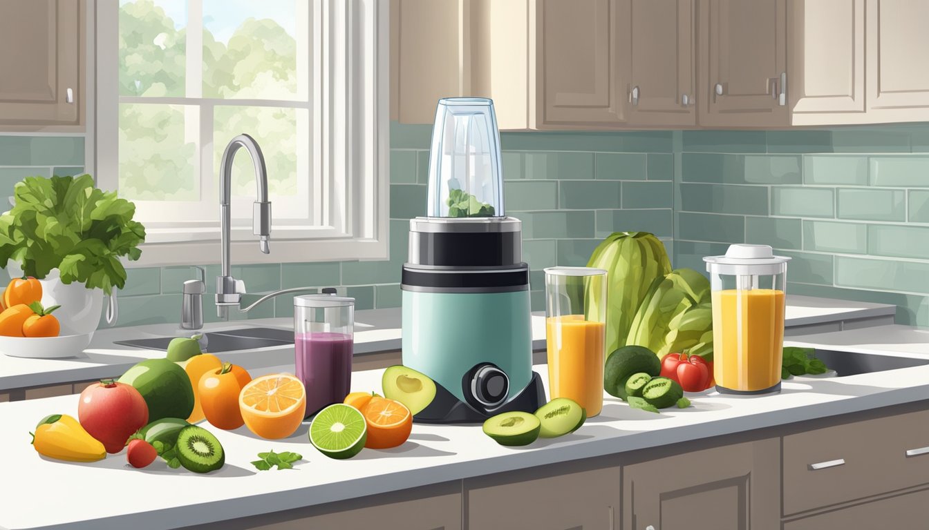 A clean, organized kitchen counter with a blender, cutting board, knife, and various fruits and vegetables neatly arranged for smoothie prep