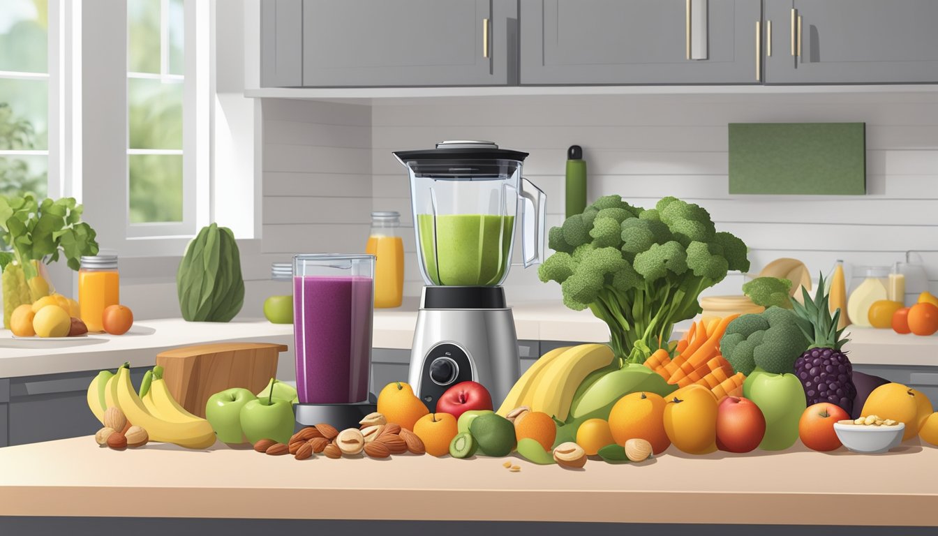 A clean, organized kitchen counter with a blender, cutting board, various fruits, vegetables, and nuts neatly arranged for smoothie prep