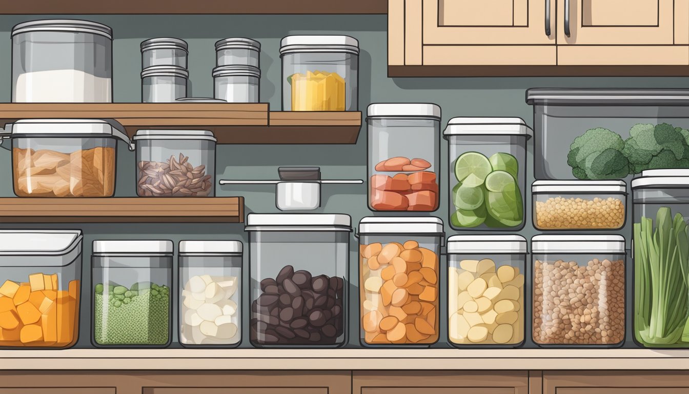 A neatly organized kitchen with labeled containers of keto-friendly ingredients, a variety of cooking utensils, and a meal prep station