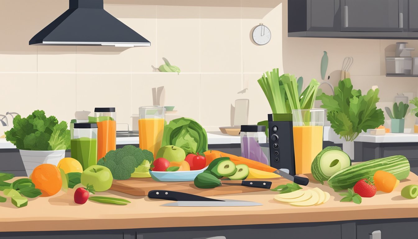 A clean, clutter-free kitchen counter with neatly arranged cutting boards, knives, and assorted fruits and vegetables for smoothie prep