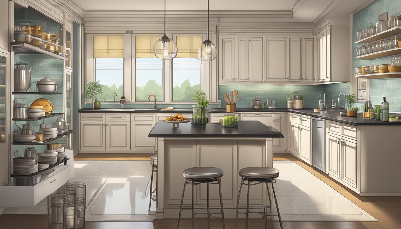 A well-organized kitchen with neatly arranged dinnerware, glassware, and cocktail ingredients. Ambient lighting and a clean, clutter-free space