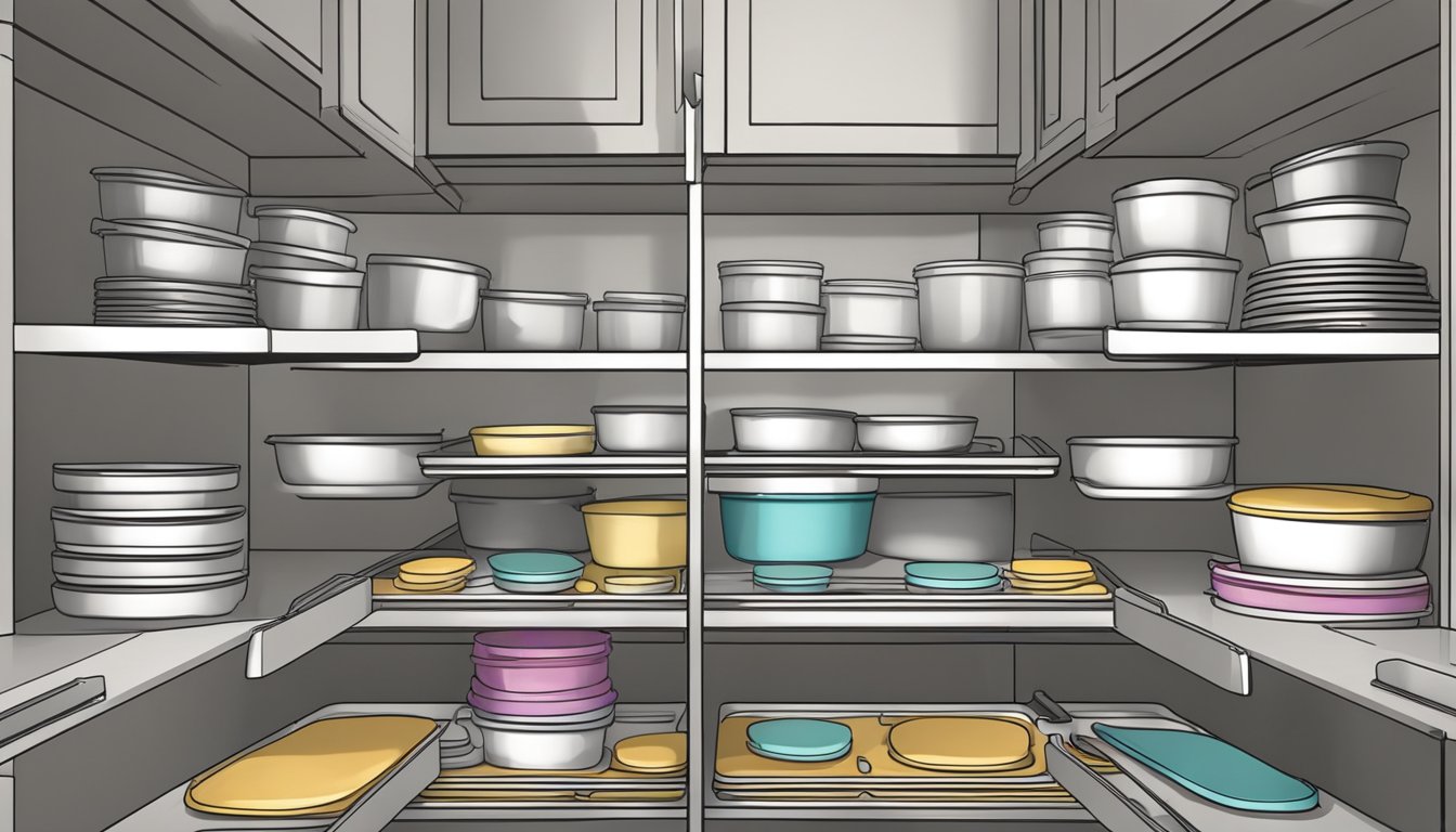 Baking sheets and muffin tins neatly organized in a vertical storage rack inside a spacious kitchen cabinet