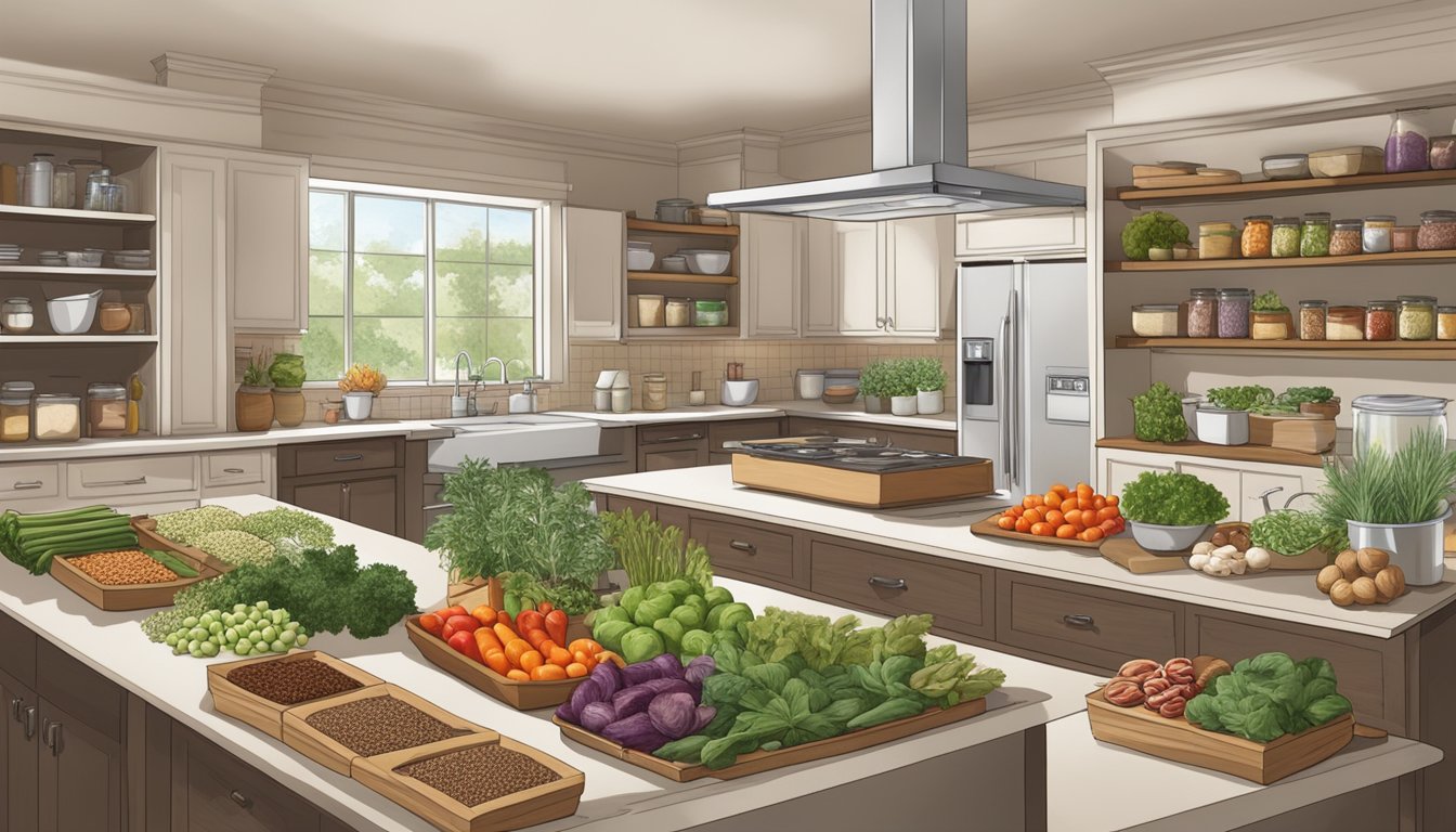 A well-organized kitchen with fresh produce, lean meats, nuts, and seeds neatly arranged in designated areas, alongside a variety of herbs and spices