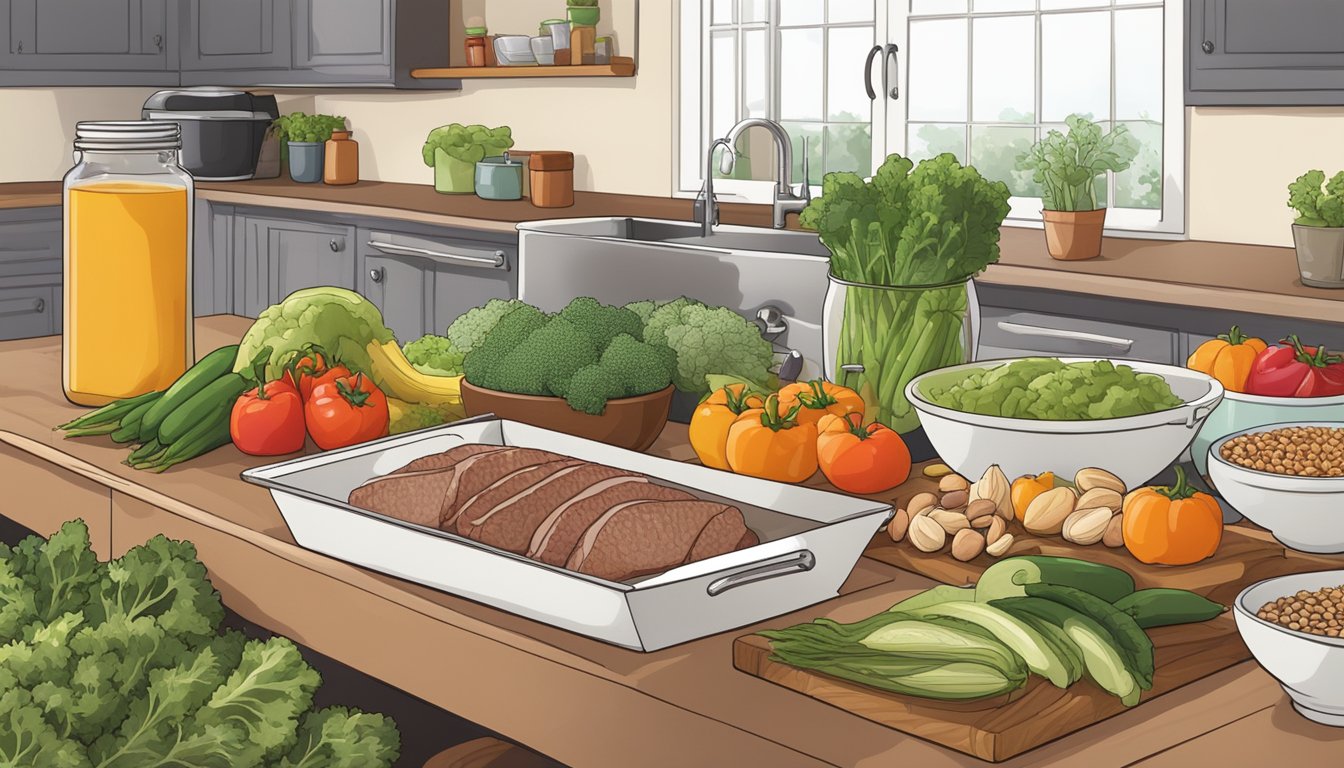 A kitchen counter with fresh produce, lean meats, nuts, and seeds neatly arranged in baskets and jars. A cutting board with a variety of colorful vegetables and a cookbook open to a paleo recipe