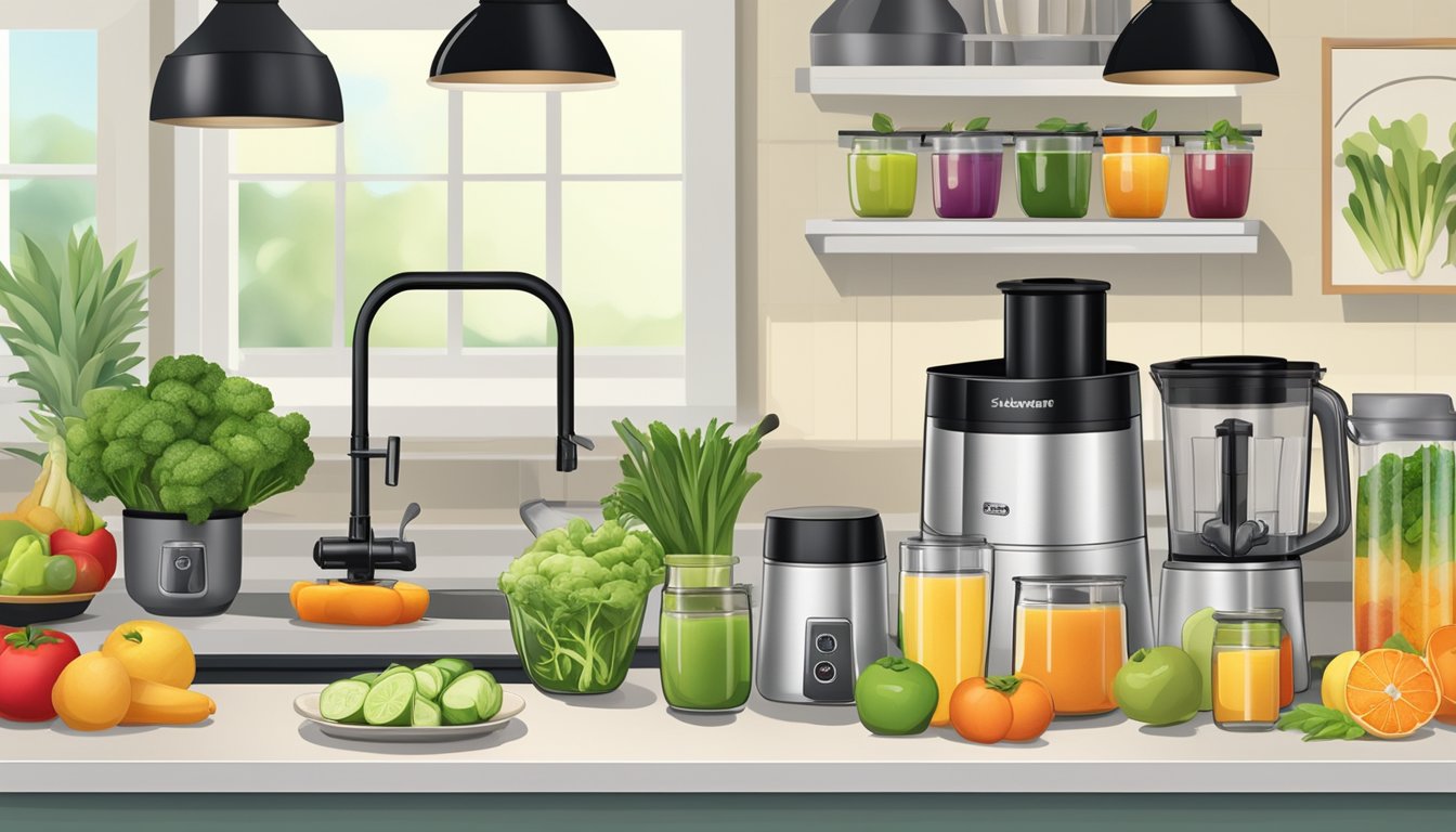 A sleek countertop juicing station with labeled jars, cutting boards, and hanging utensils, surrounded by fresh fruits and vegetables