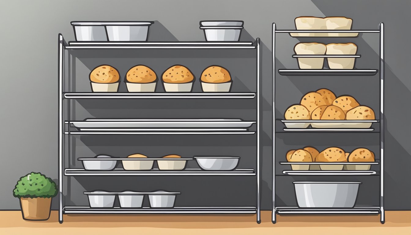 Baking sheets and muffin tins neatly organized in a vertical storage rack, easily accessible and visible