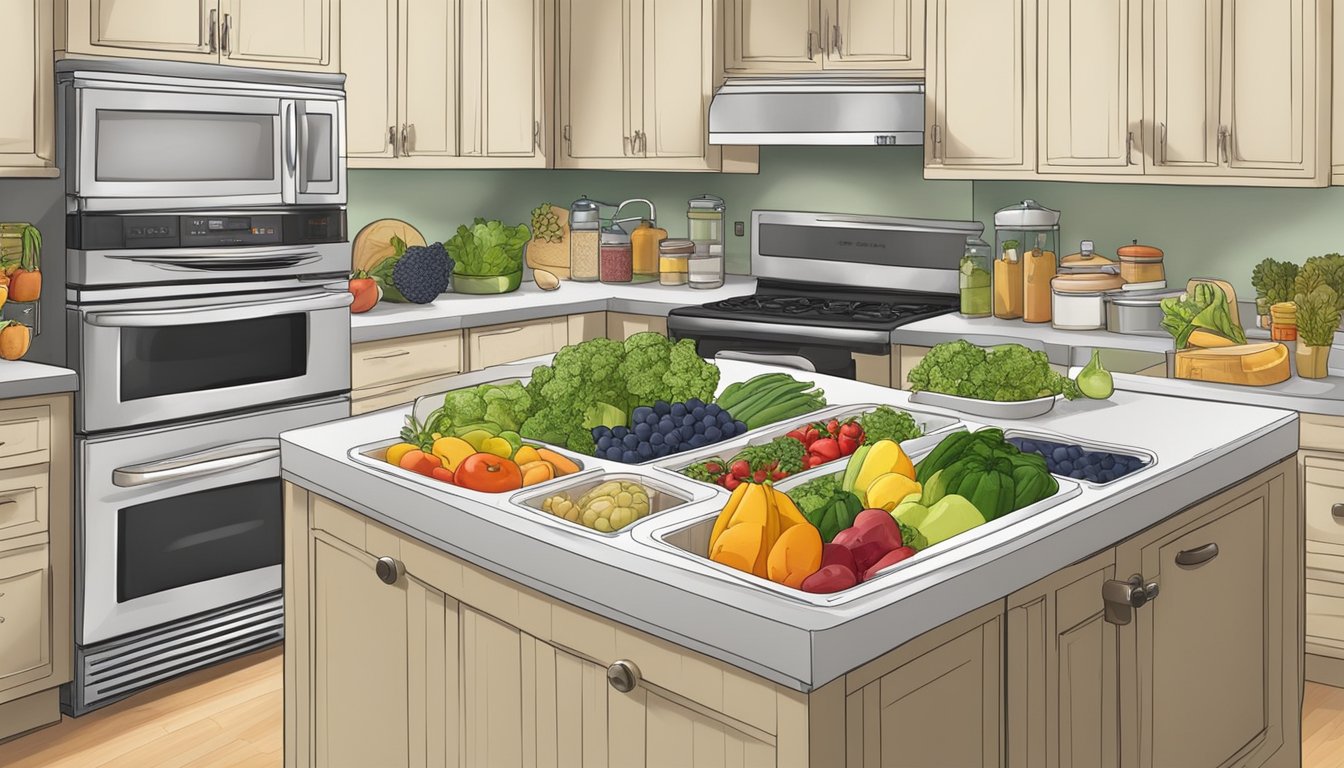 A well-organized kitchen with labeled containers for storing leftovers and fresh produce, including a variety of colorful fruits and vegetables, and a clear separation between paleo-friendly and non-paleo foods