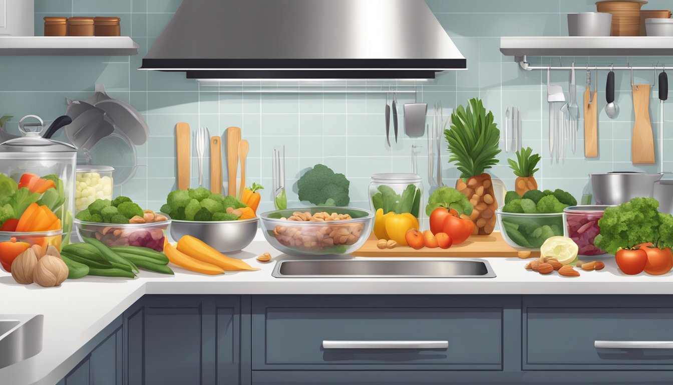 A well-organized kitchen with fresh produce, lean meats, and nuts in clear containers. A clutter-free countertop with a cutting board and a set of sharp knives