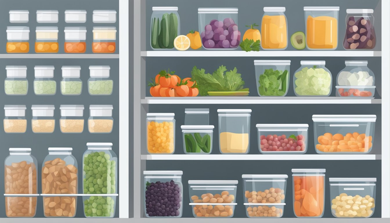 A well-organized kitchen with labeled containers of fresh produce, lean proteins, and whole foods neatly arranged in the pantry and refrigerator