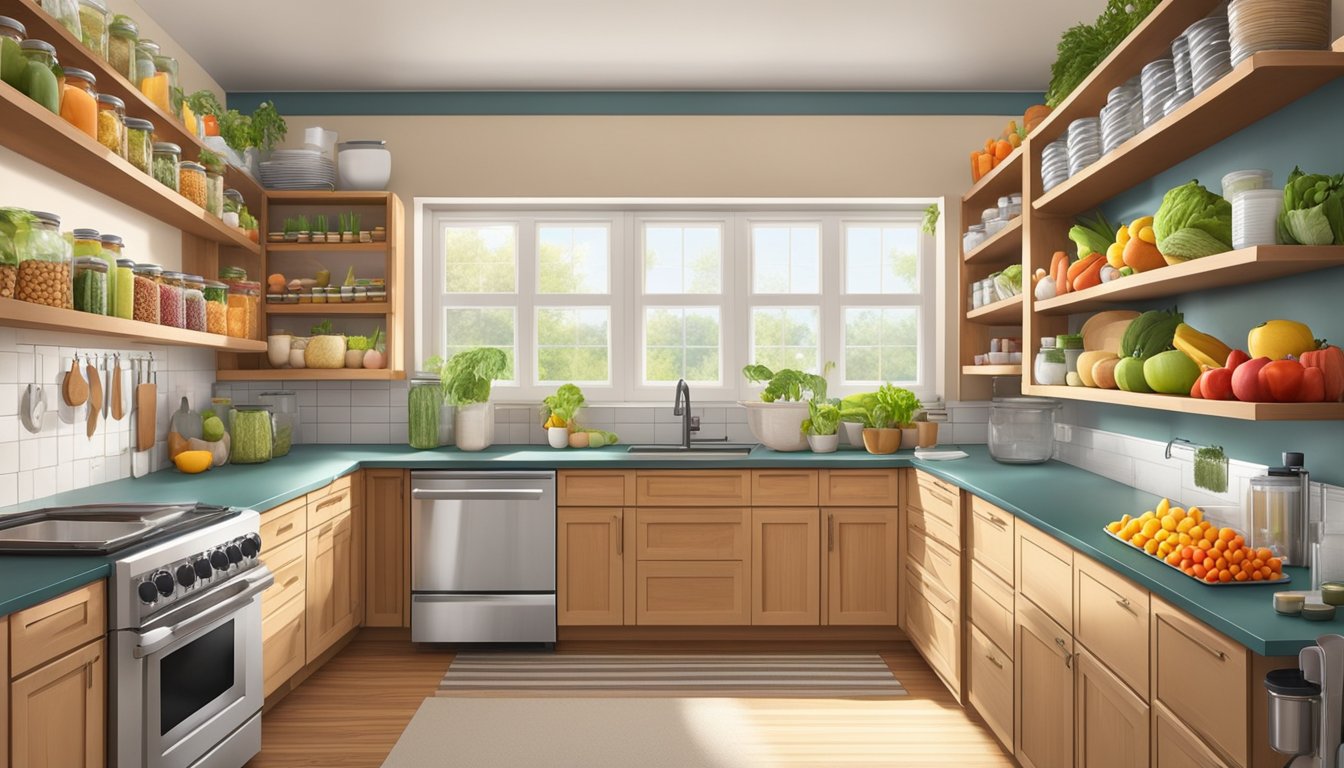 A bright, spacious kitchen with open shelves filled with colorful fruits and vegetables, neatly organized pantry stocked with grains, beans, and nuts, and a clean, clutter-free countertop for food preparation