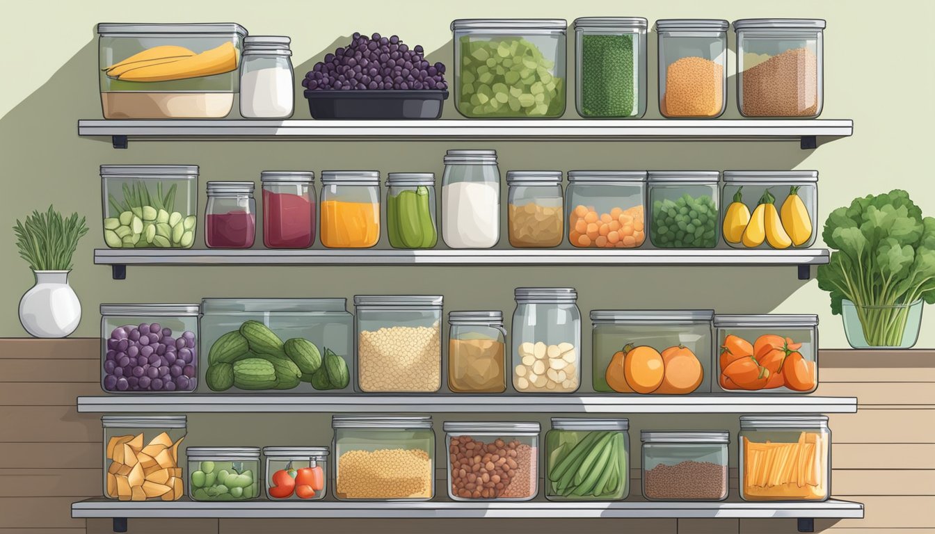 A well-organized kitchen with labeled containers of fresh vegetables, fruits, lean proteins, and healthy fats, along with whole30 compliant pantry staples