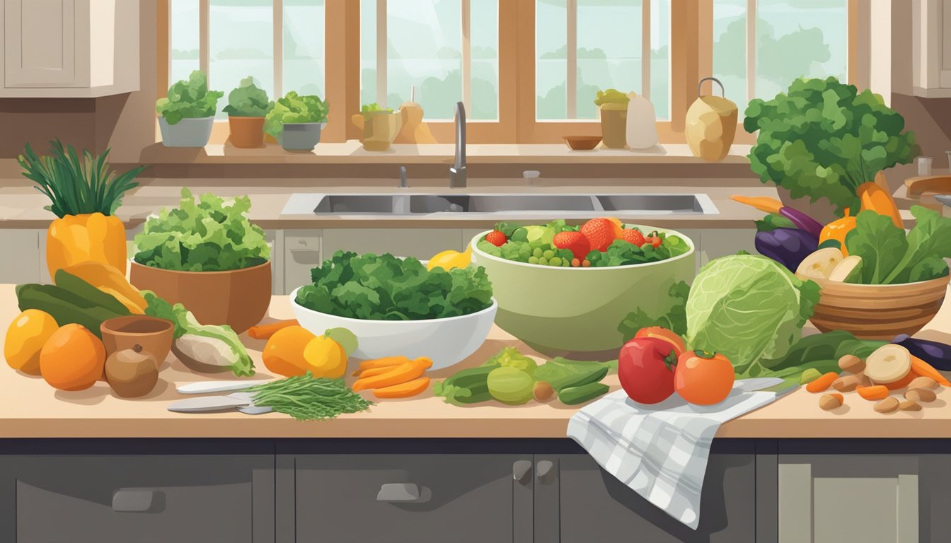 A kitchen counter with a variety of fresh fruits, vegetables, grains, and legumes neatly organized in containers and baskets. A cutting board with a chef's knife and a bowl of mixed salad greens sits nearby