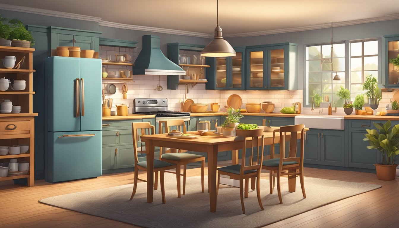 A warmly lit kitchen with neatly arranged themed decor, organized cooking utensils, and a beautifully set dining table for a dinner party