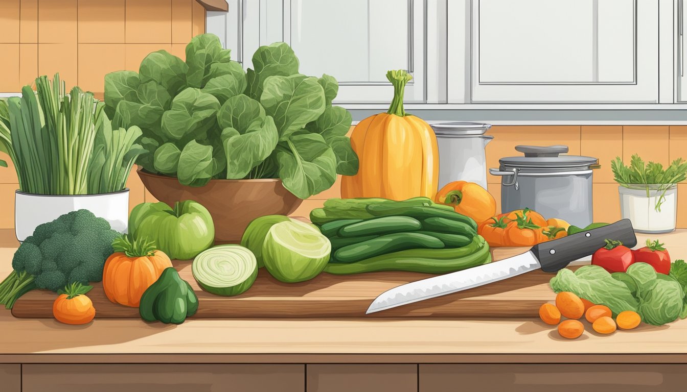 A bright, organized kitchen with fresh produce on the counter, a variety of plant-based ingredients neatly arranged, and a chef's knife and cutting board ready for use