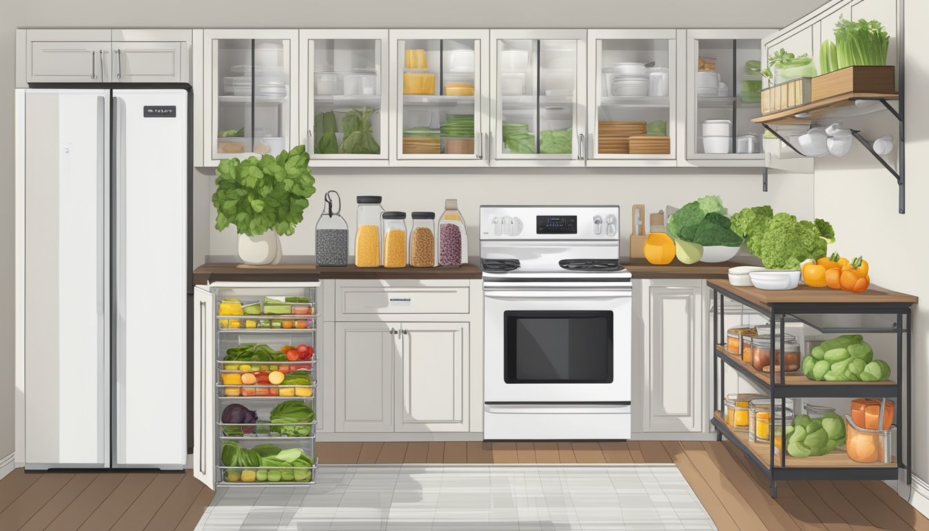 A well-organized kitchen with labeled pantry items, fresh produce, and Whole30-compliant ingredients neatly arranged in cabinets and refrigerator