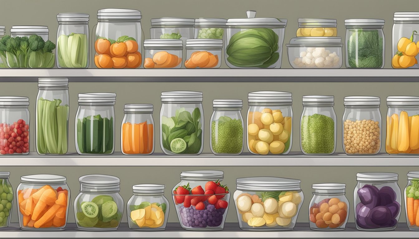 A well-organized kitchen with fresh fruits, vegetables, and plant-based ingredients neatly arranged in clear containers and labeled jars