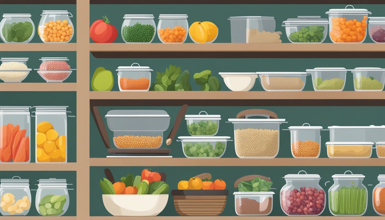 A well-organized kitchen with an abundance of fresh fruits, vegetables, grains, and legumes neatly stored in clear containers and baskets. A variety of plant-based cookbooks are displayed on a shelf, and a colorful assortment of cutting boards and cooking utensils are neatly arranged on the counter