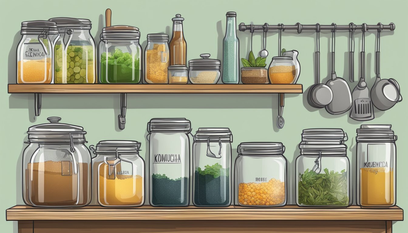 A clean, organized kitchen counter with shelves holding glass jars, brewing equipment, and labeled ingredients for making kombucha