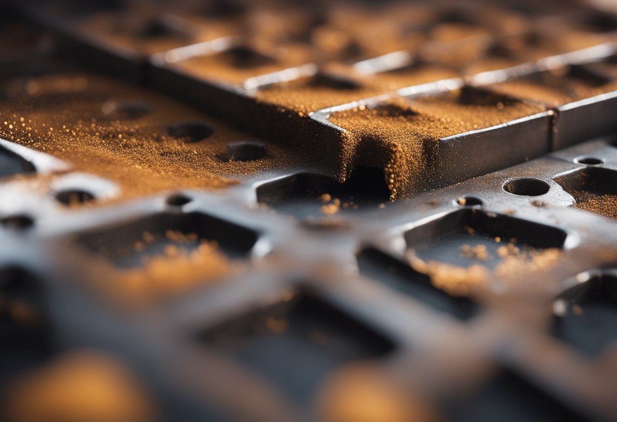 A metal surface being treated with rust removal techniques, showing the application of chemicals or mechanical methods to repair the rust