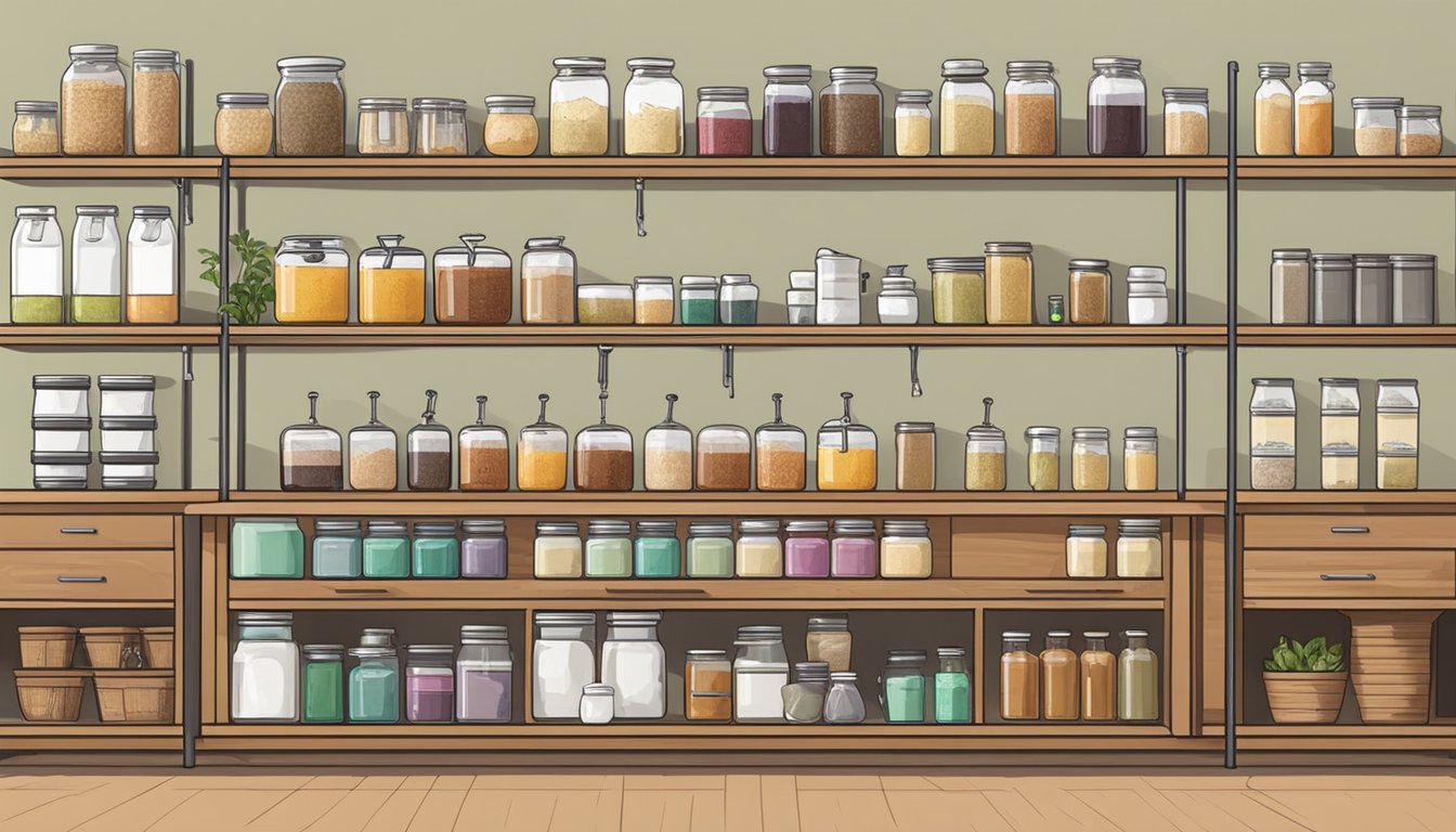 A well-organized kitchen kombucha station with labeled jars, brewing equipment, and storage containers neatly arranged on shelves and countertops