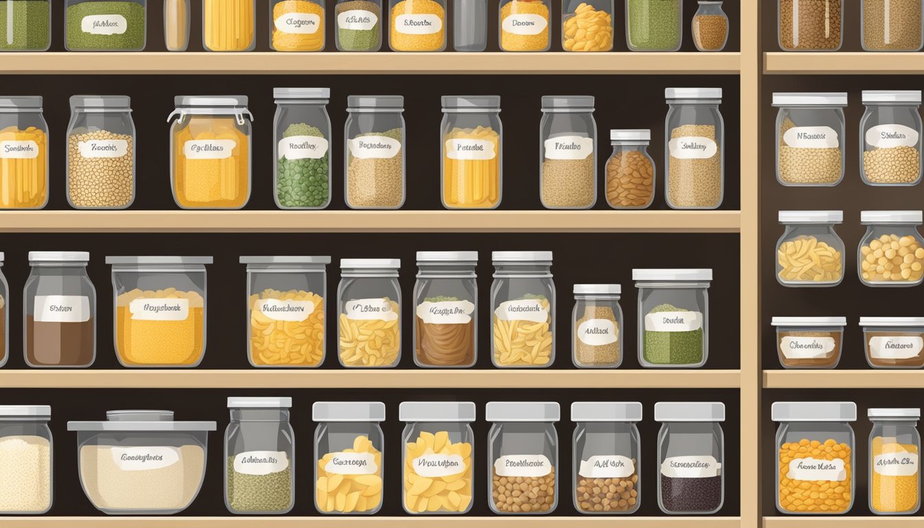 A well-organized pantry shelf displays neatly labeled jars of pasta and grains in clear, airtight containers, with matching labels for easy identification