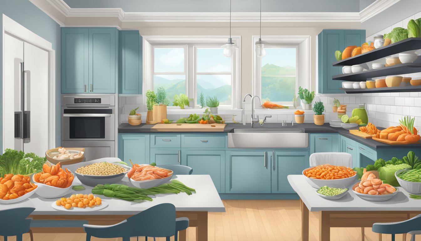 A well-organized kitchen with a variety of fresh seafood, colorful vegetables, and whole grains neatly arranged in a clean and modern space