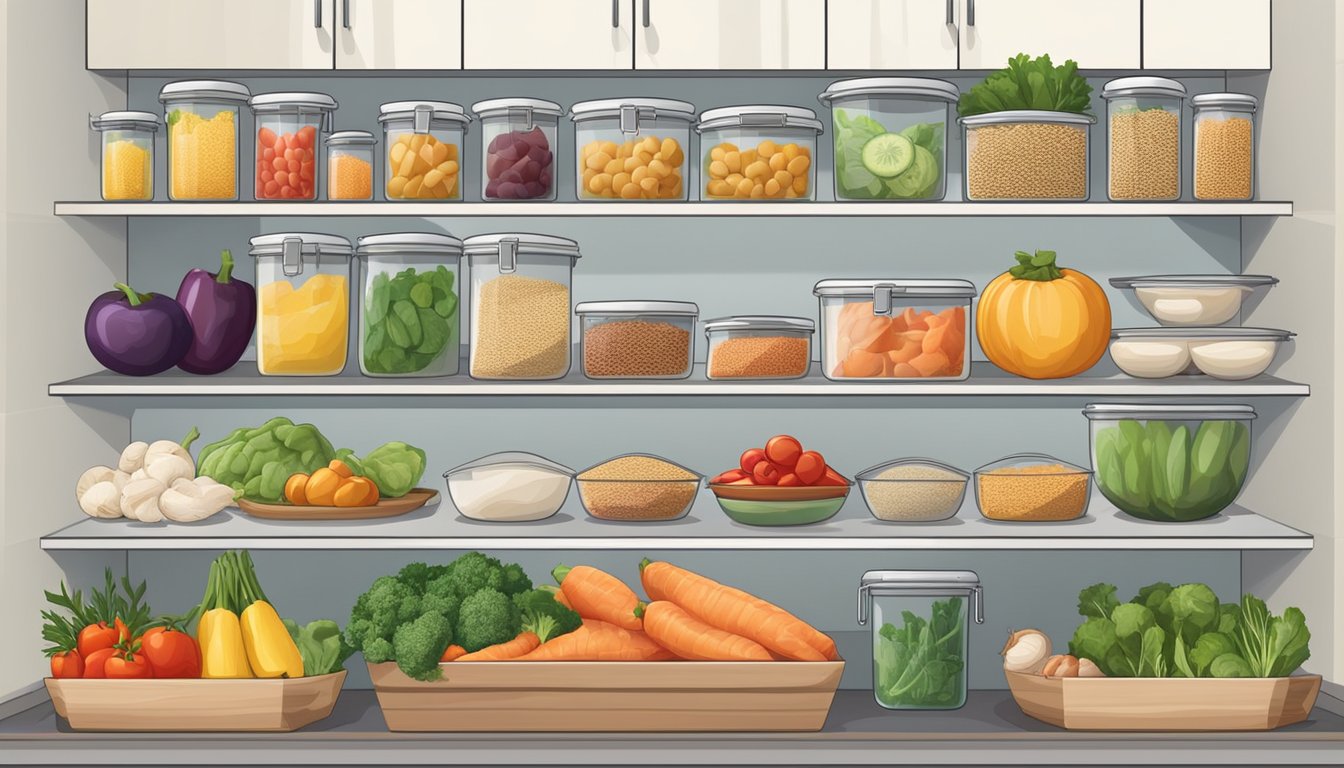 A well-organized kitchen with fresh vegetables, fruits, whole grains, and a variety of seafood neatly arranged in the pantry and fridge