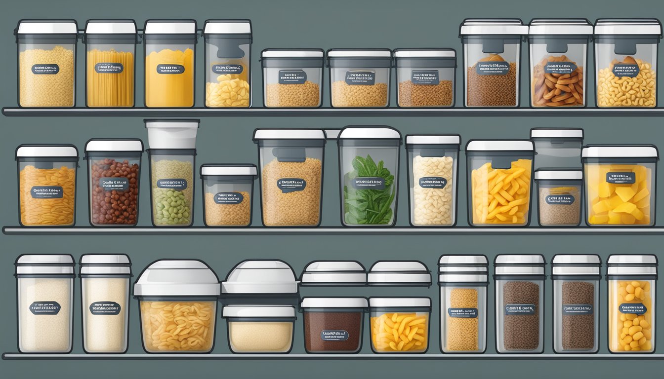 Various branded pantry containers with labels, showcasing features like airtight seals, stackable design, and clear visibility for pasta and grains