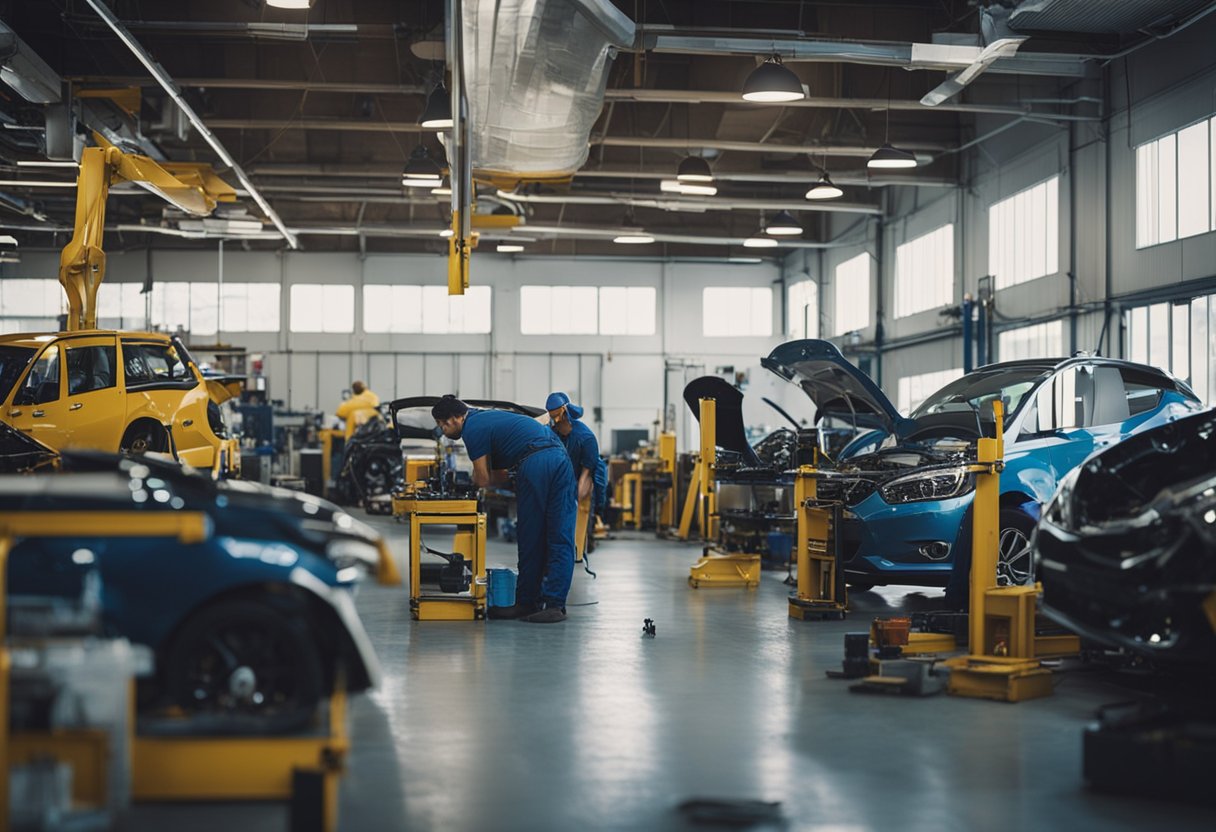 An i-car auto body shop with various vehicles being repaired and workers busy with tools and equipment