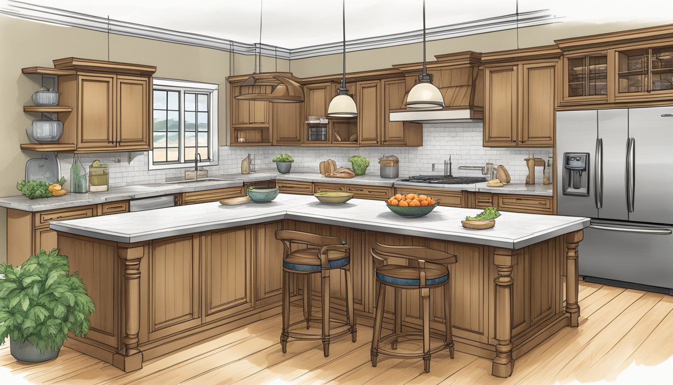 A spacious, well-organized kitchen with designated areas for fresh seafood, vegetables, and cooking utensils. A large island provides ample prep space