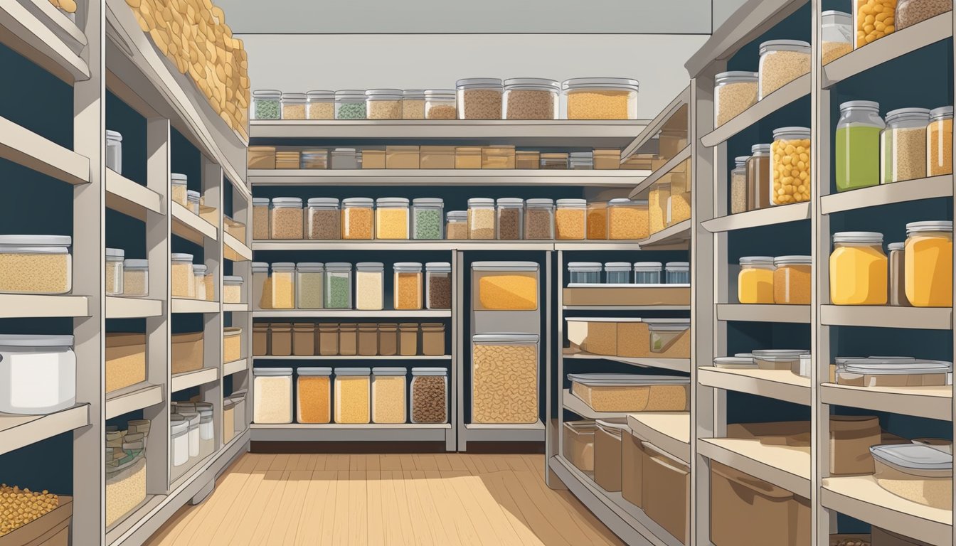 A pantry with neatly organized shelves filled with jars of pasta and grains, labeled and arranged for easy access and visibility