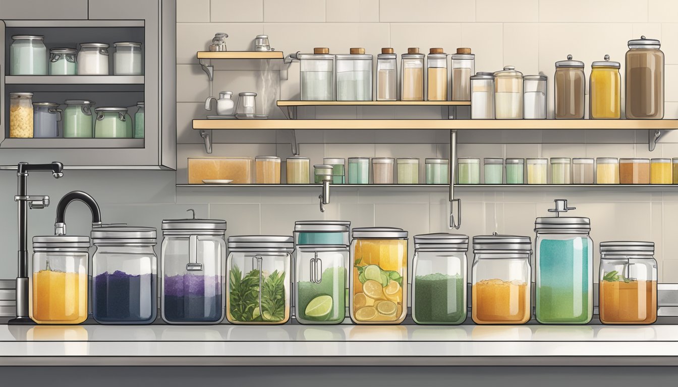 A clean, organized kitchen counter with a sleek, modern kombucha station featuring glass jars, stainless steel spigots, and a variety of flavored tea options