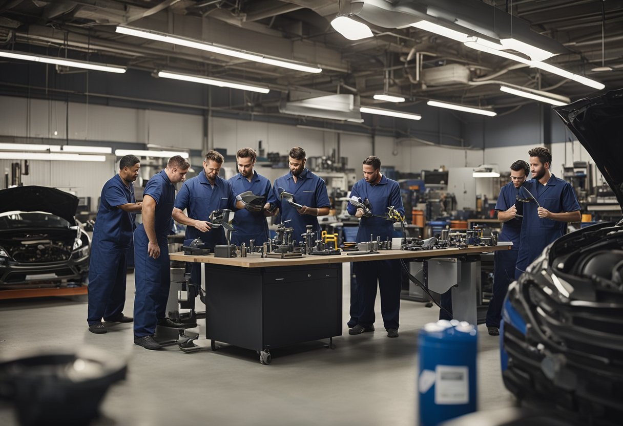 A group of auto repair technicians engage in a training session, surrounded by various tools and equipment, as they work to improve repair quality at an i-car auto body shop