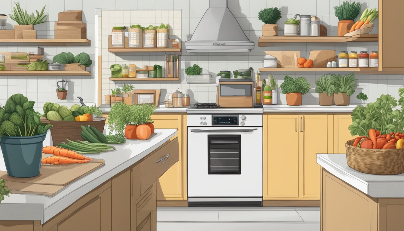 A well-organized kitchen with labeled shelves and drawers filled with fresh produce, seafood, and plant-based ingredients. A grocery list and cookbook sit on the counter