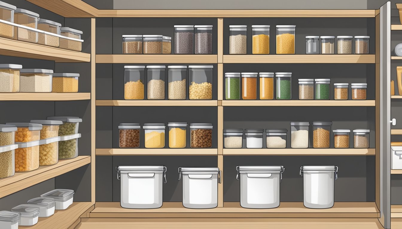 A well-organized pantry with labeled containers for pasta and grains, along with shelves stocked with various storage solutions and accessories