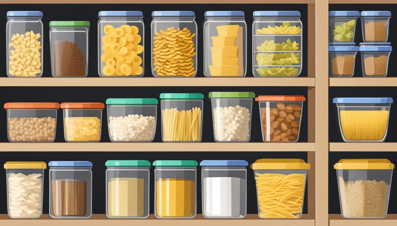 A neatly organized pantry shelf with labeled food storage containers holding various types of pasta and grains